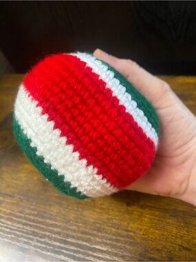 Handmade Crocheted Green White Red Juggling Ball -